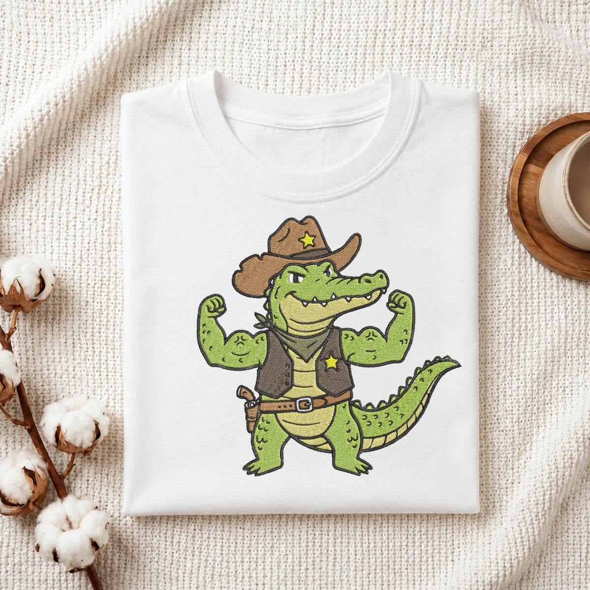Folded white t-shirt mockup with a detailed cowboy alligator embroidery design on the chest.