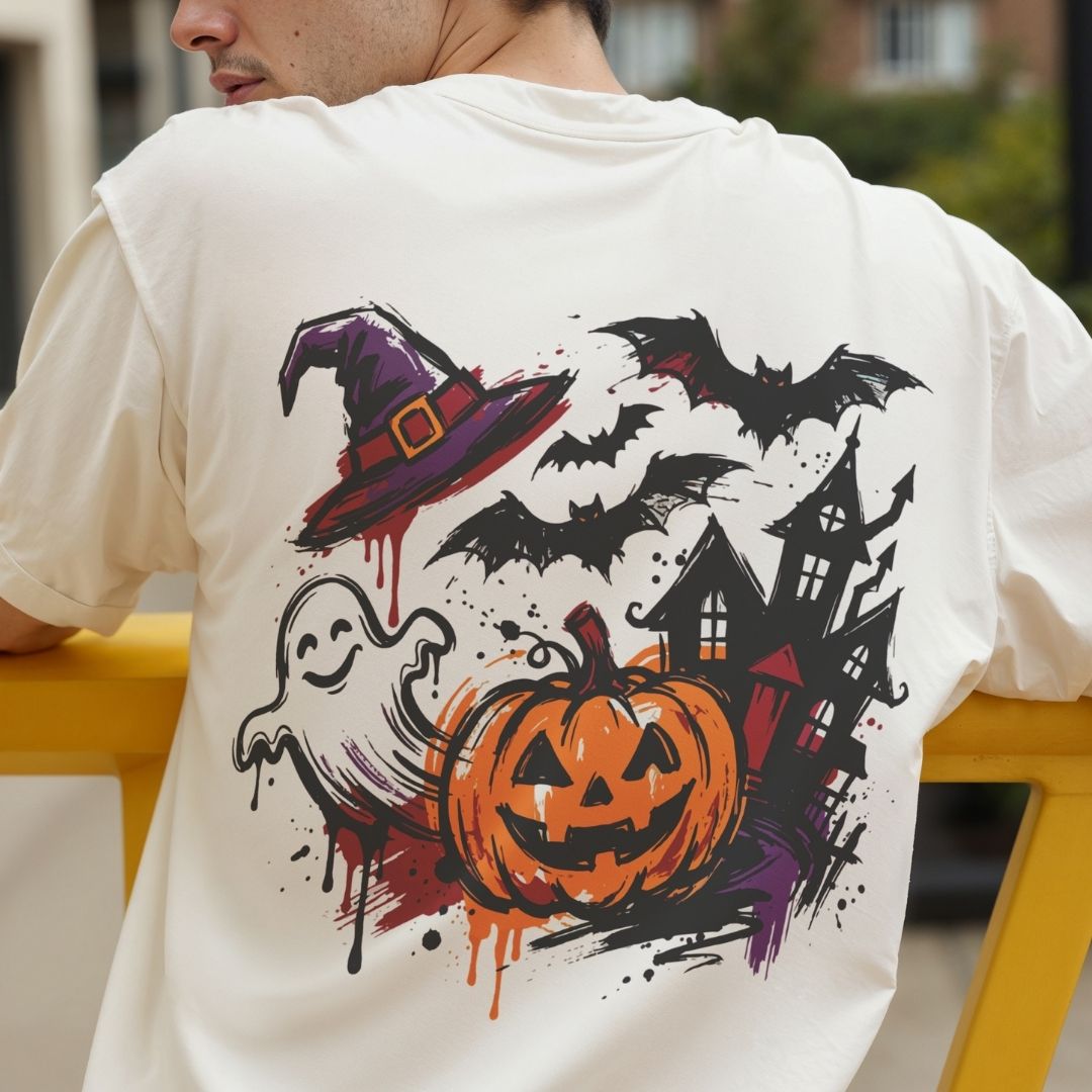 A person wearing a white T-shirt shown from the back, featuring a large Halloween graphic print with a witch hat, bats, ghost, haunted house, and jack-o'-lantern in orange, black, purple, and red.