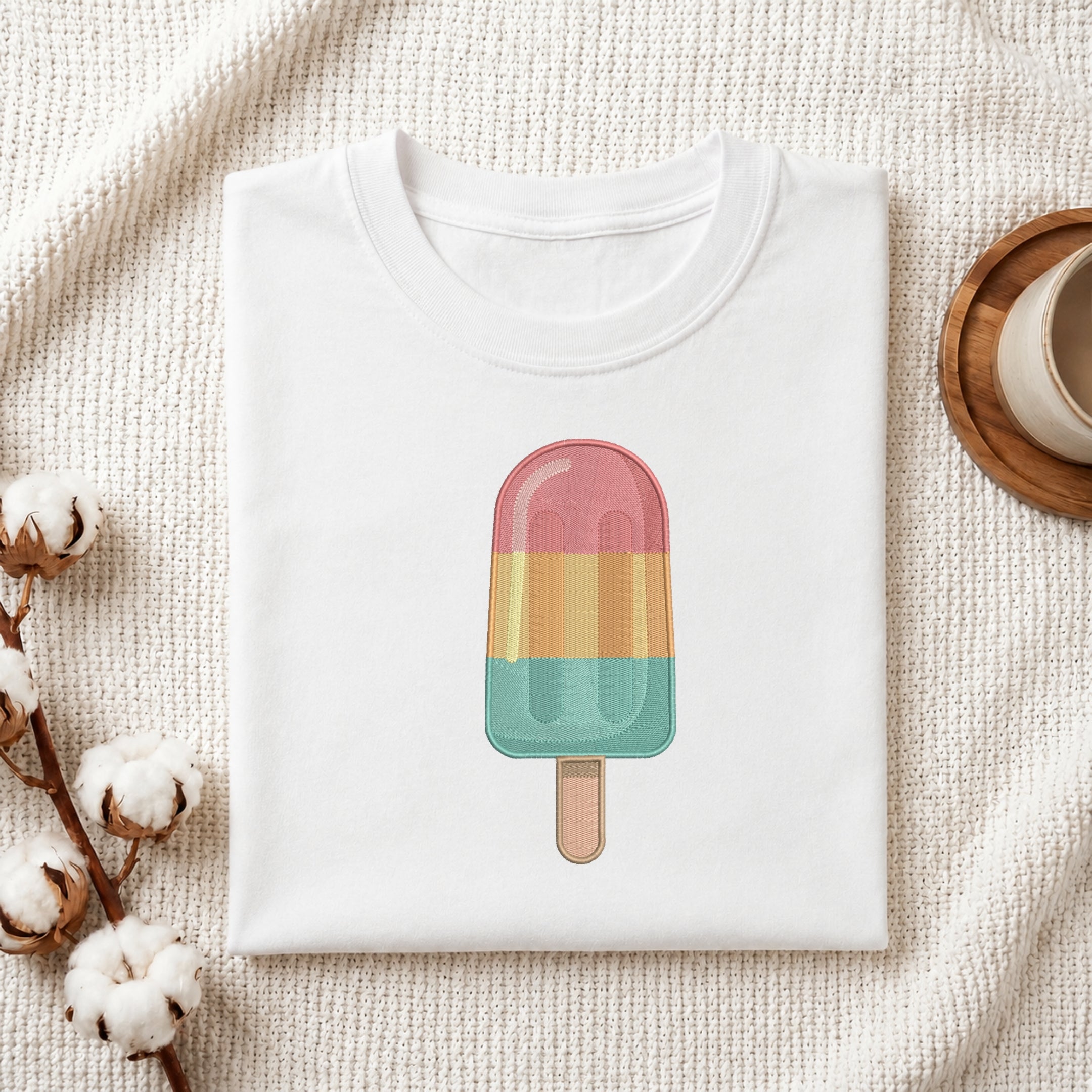 A folded white T-shirt laid flat on a textured cream fabric background, featuring a colorful popsicle graphic on the front. Cotton bolls and part of a wooden cup are visible as styled props around the shirt.