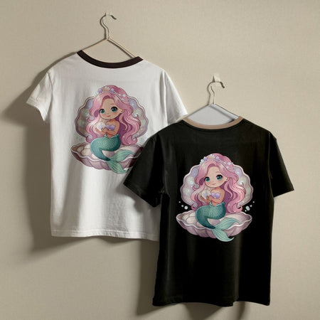 Two short-sleeve ringer T-shirts hanging on hangers against a plain beige wall, showing the front and back. The white shirt on the left has a dark brown collar and a large pastel mermaid graphic on the back.
