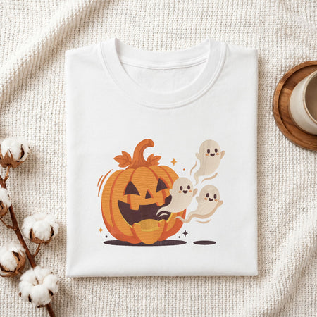 Folded white cotton t-shirt mockup featuring a cute Halloween pumpkin and ghosts machine embroidery design, styled with cotton stems and a wooden cup.