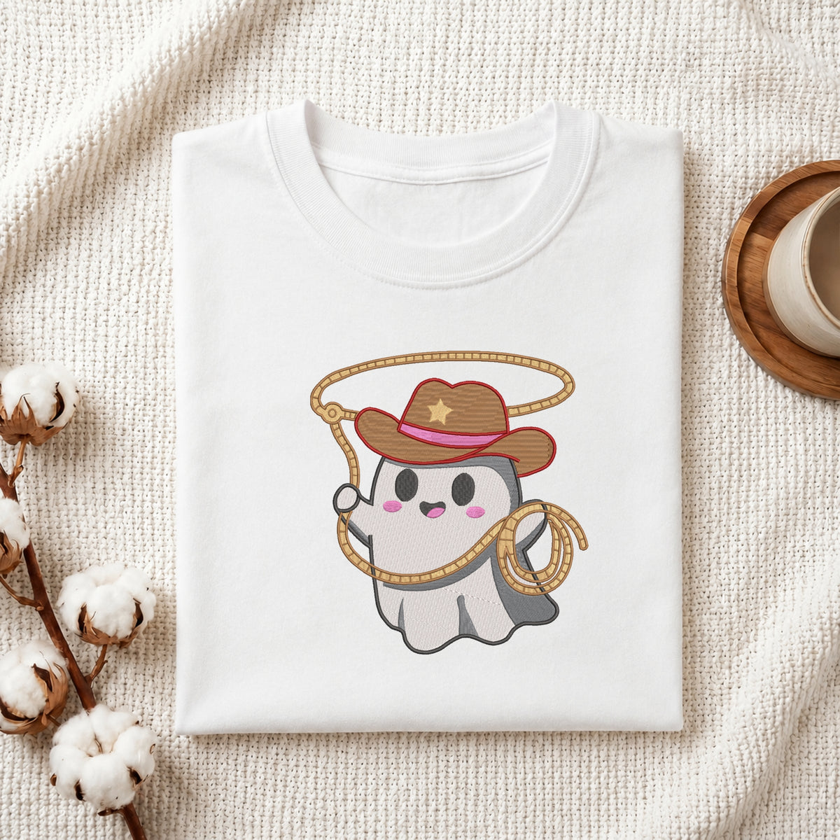 A folded white t-shirt with a cute cartoon ghost cowboy graphic, styled on a textured cream knit blanket with cotton stems and a coffee cup in the background.