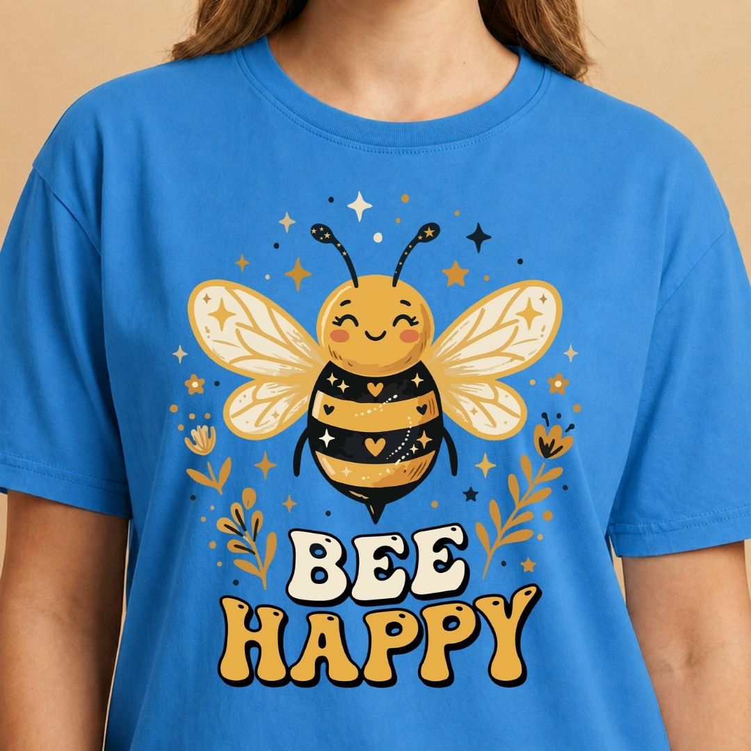 Blue t-shirt with a bee design and 'Bee Happy' text on a beige background
