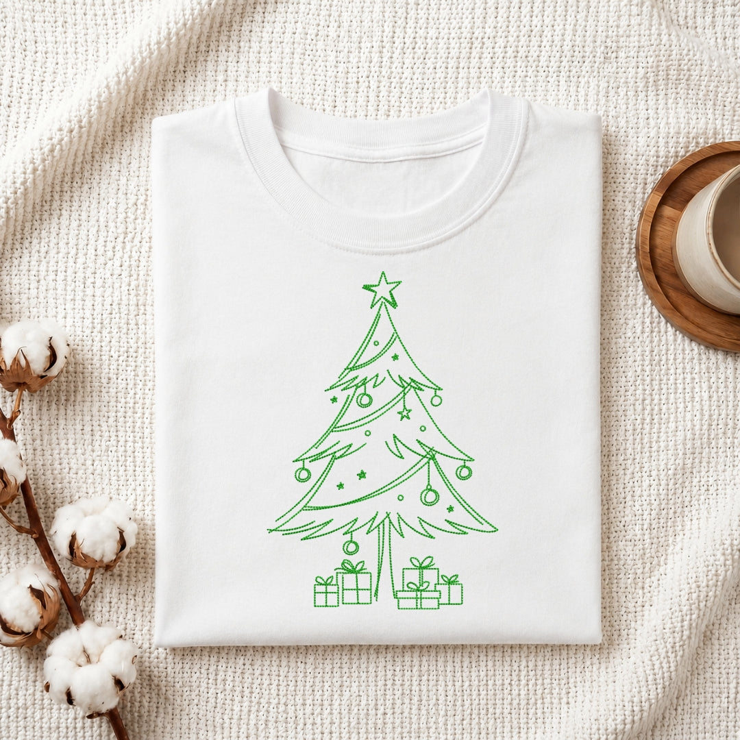 The "Sip, Relax, Repeat" machine embroidery design stitched onto a white t-shirt, displayed on a textured white fabric background with cotton sprigs.
