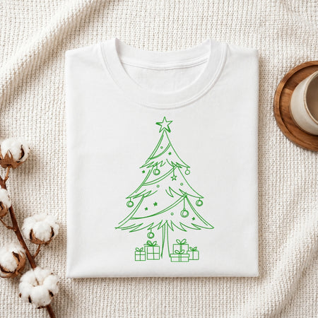 The "Sip, Relax, Repeat" machine embroidery design stitched onto a white t-shirt, displayed on a textured white fabric background with cotton sprigs.