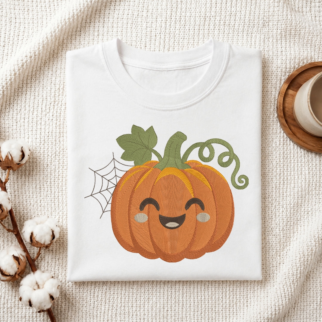 A folded white t-shirt with a cute orange pumpkin graphic, styled on a textured cream fabric with cotton bolls and a wooden cup.