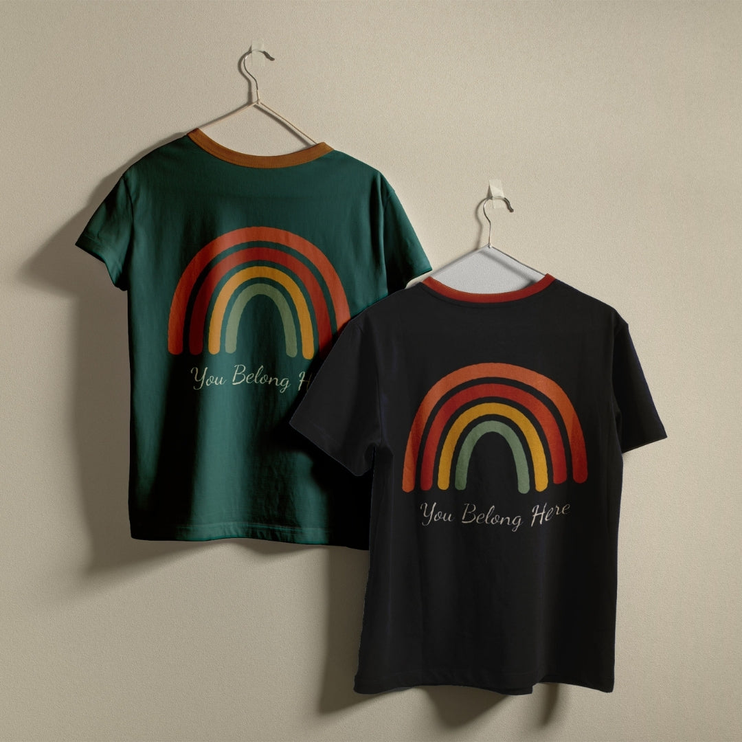 Boho Rainbow Graphic Ringer Shirts on Hangers