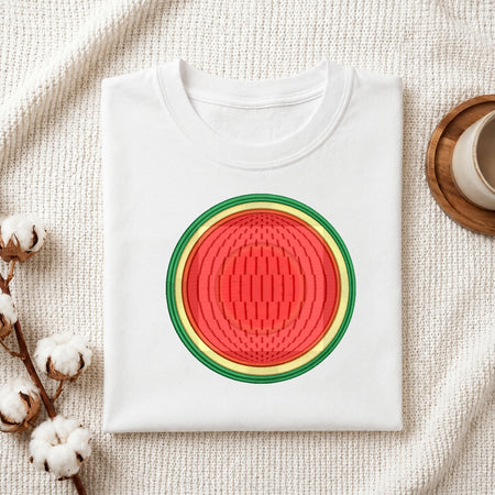 A folded white crewneck t-shirt featuring a circular watermelon graphic print, styled on a textured cream fabric background with cotton bolls and a wooden cup.