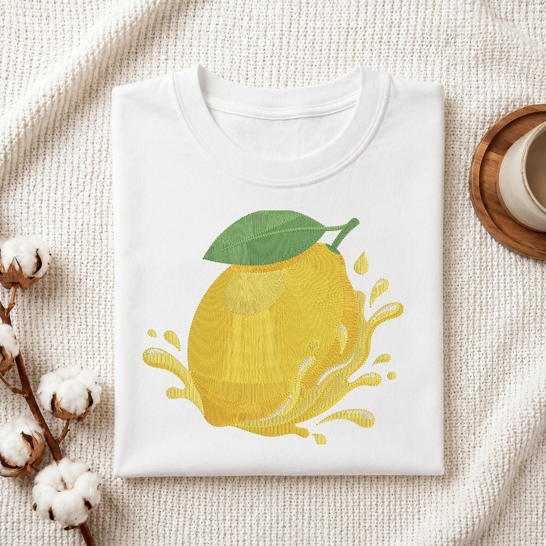 A white folded t-shirt featuring a detailed, yellow embroidered lemon with green leaves and a juice splash design.