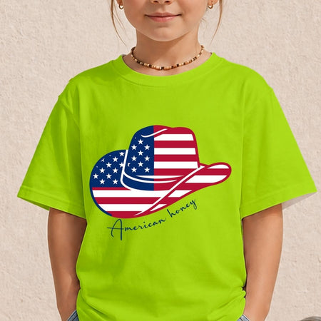 A young child wearing a vibrant lime green t-shirt featuring the colorful patriotic cowboy hat graphic on the front.