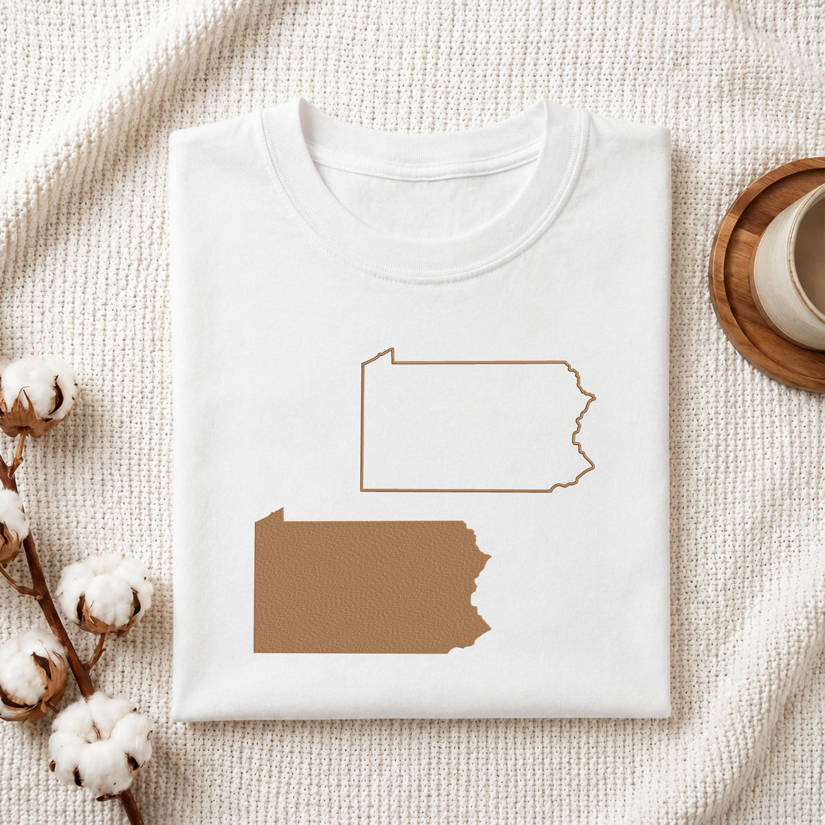  Folded white cotton t-shirt mockup featuring Oregon state map machine embroidery designs, styled with cotton stems and a wooden cup.   