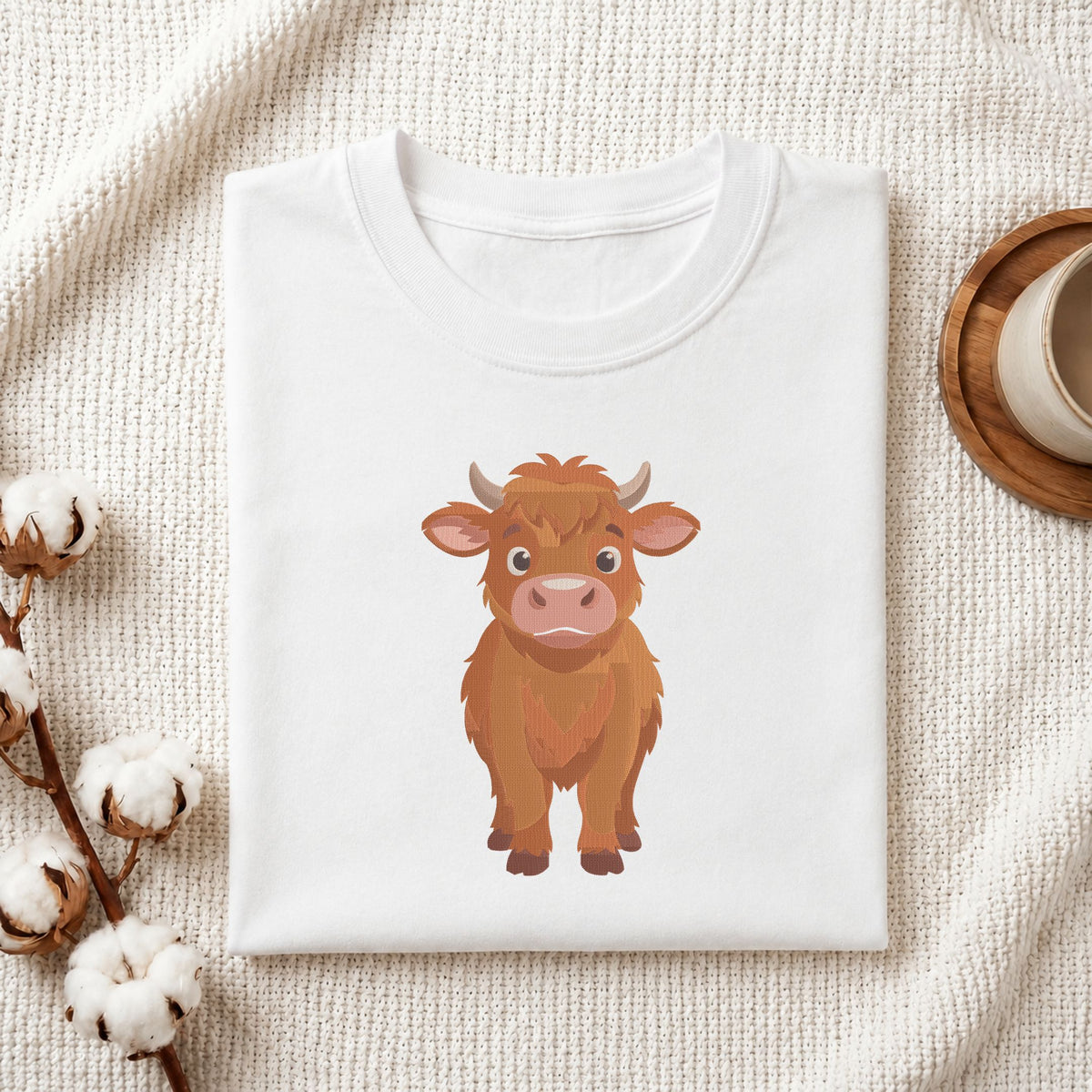 Folded white cotton t-shirt mockup featuring a cute Highland cow machine embroidery design, styled with cotton stems and a wooden cup