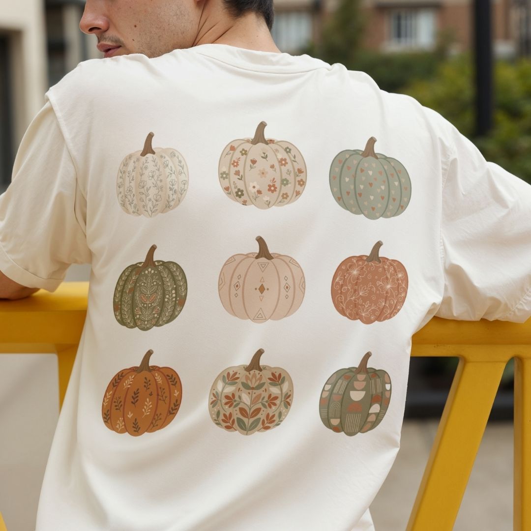 A man wearing a cream-colored t-shirt with a back graphic of nine patterned pumpkins in autumn colors, leaning on a yellow railing in an outdoor setting.