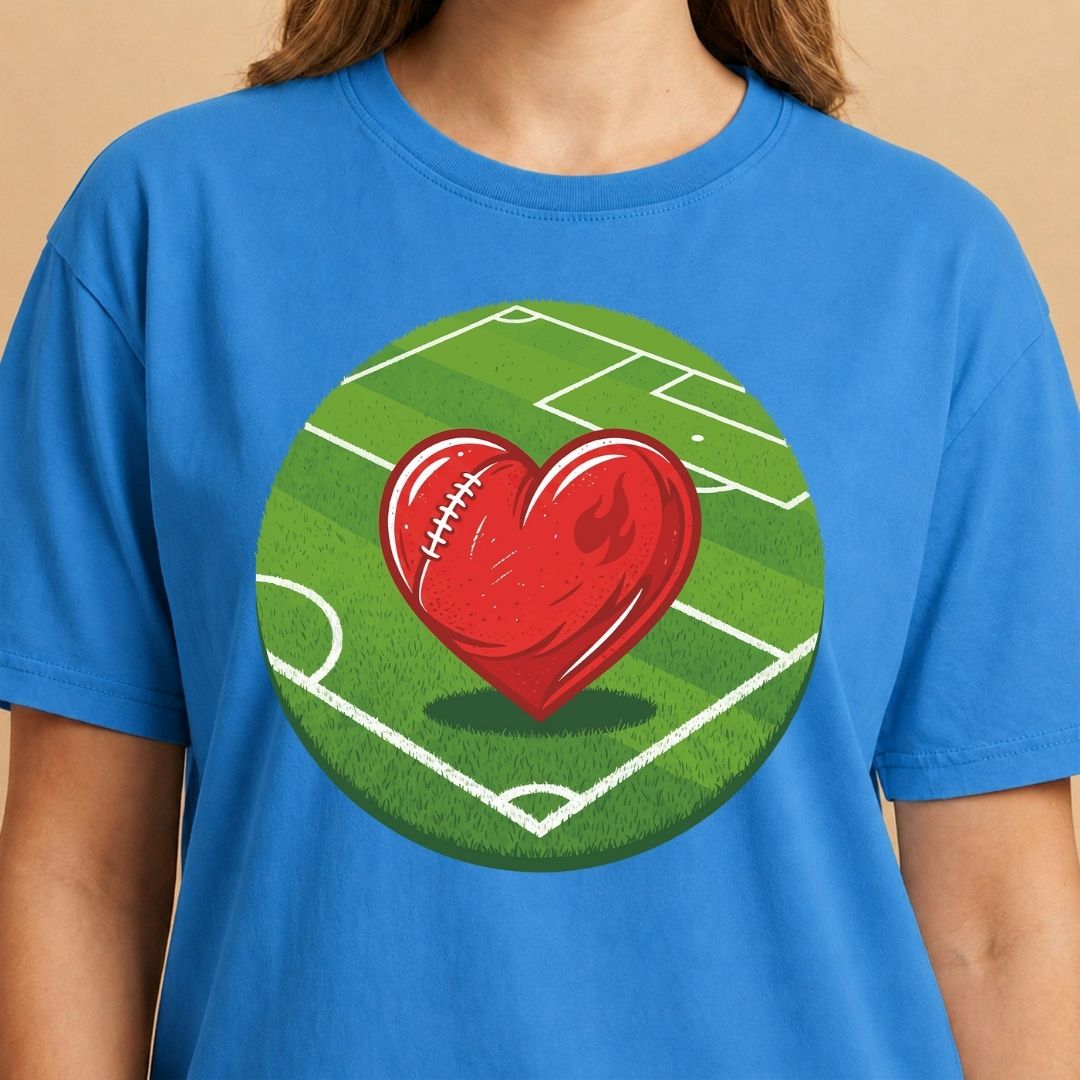Blue t-shirt with a red heart-shaped football on a green field design.