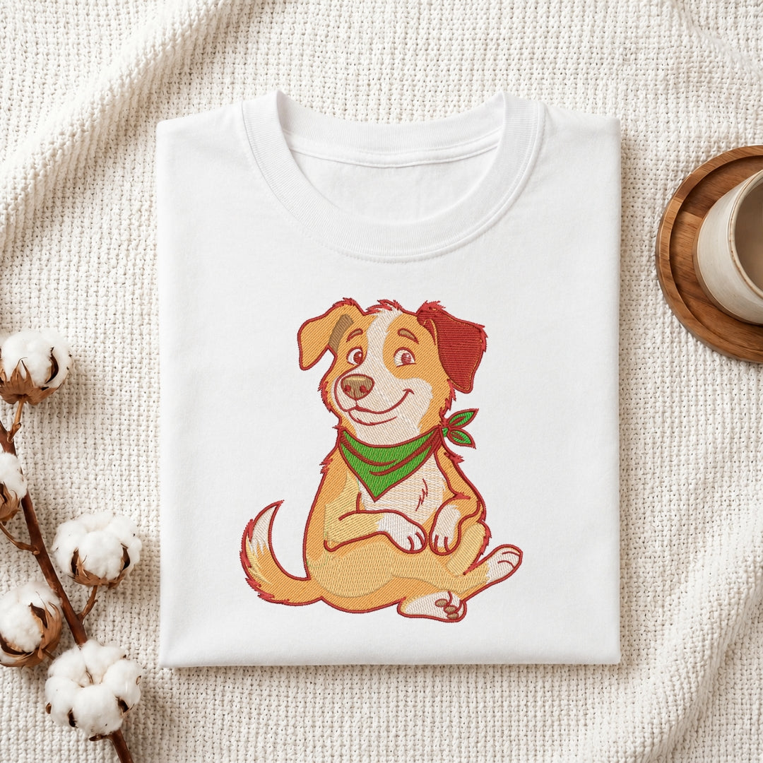 A white t-shirt featuring an embroidered design of a smiling dog wearing a green bandana.