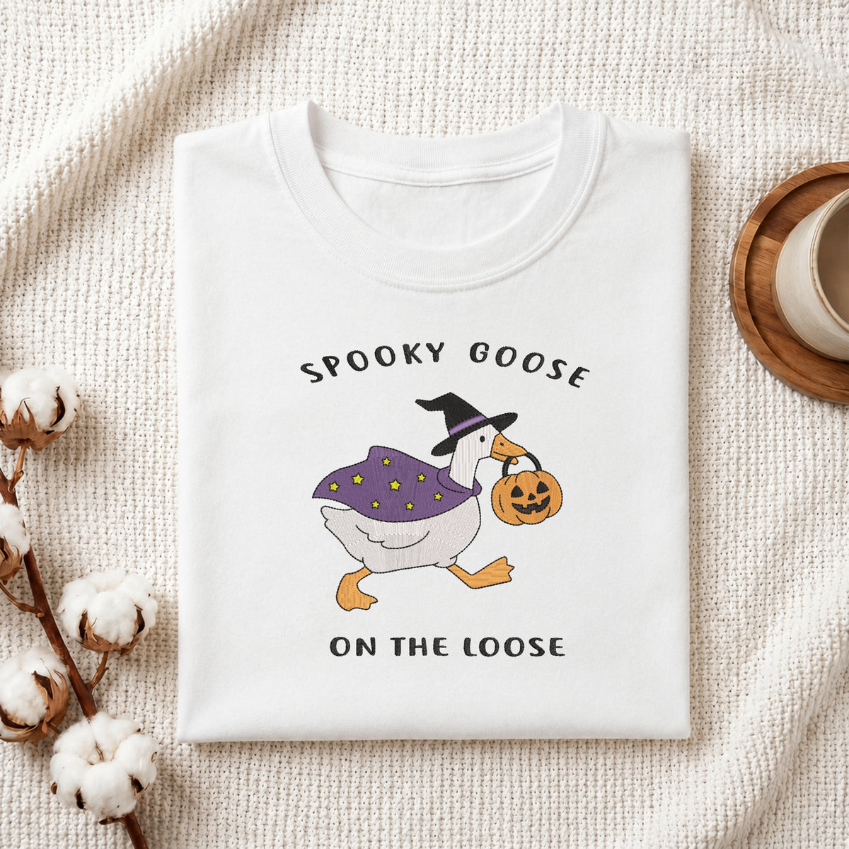 : File formats and sizing chart for digital "Spooky Goose" machine embroidery downloads, showing sizes from 2.0 to 8.0 inches across EMB, DST, PES, JEF, and EXP formats