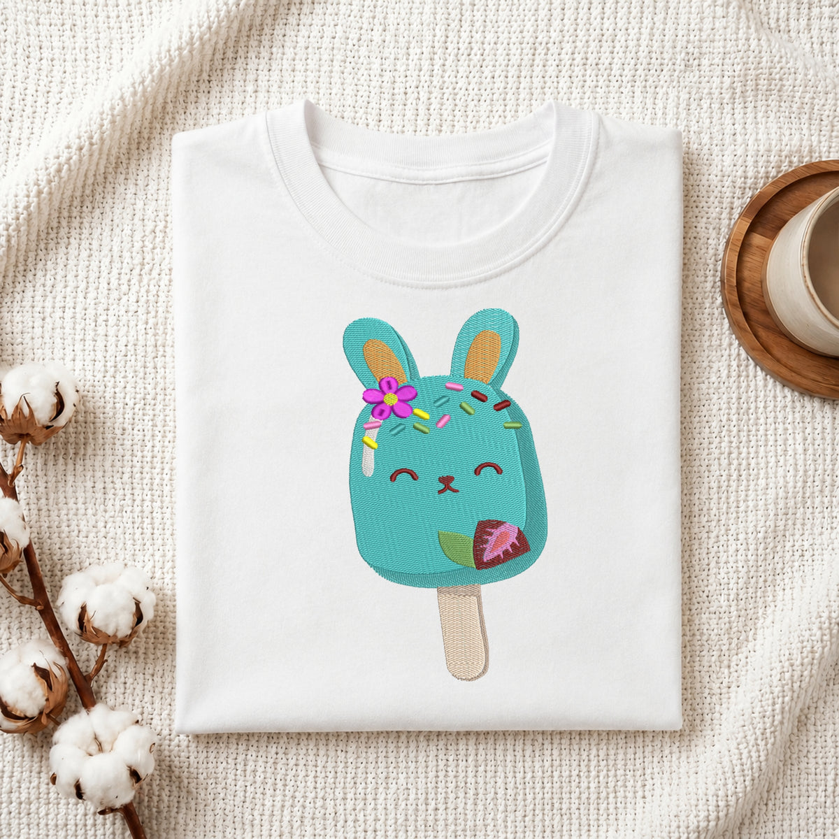 A folded white crewneck t-shirt featuring a cute turquoise bunny popsicle graphic with a pink flower and sprinkles, styled on a textured cream knit blanket with cotton bolls and a wooden cup in the background.