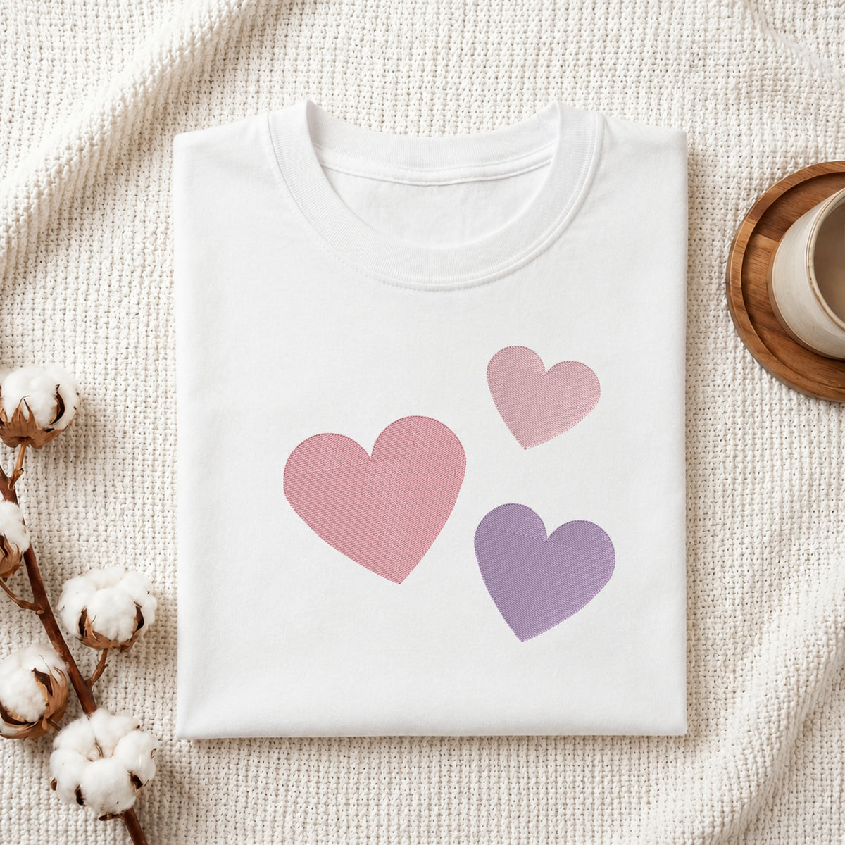 A folded white crewneck t-shirt with three pastel-colored hearts (pink, light purple, and mauve) printed on the front, styled on a textured cream knit blanket with cotton bolls and a wooden cup in the background.