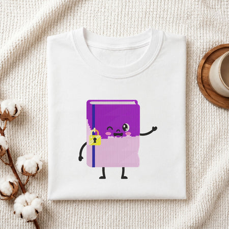 Folded white cotton t-shirt mockup featuring a cute purple kawaii notebook machine embroidery design, styled with cotton stems and a wooden cup.