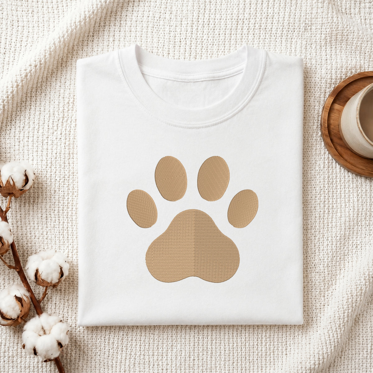 A folded white crewneck t-shirt featuring a tan paw print graphic on the front, styled on a textured cream knit blanket with cotton bolls and a wooden cup in the background.