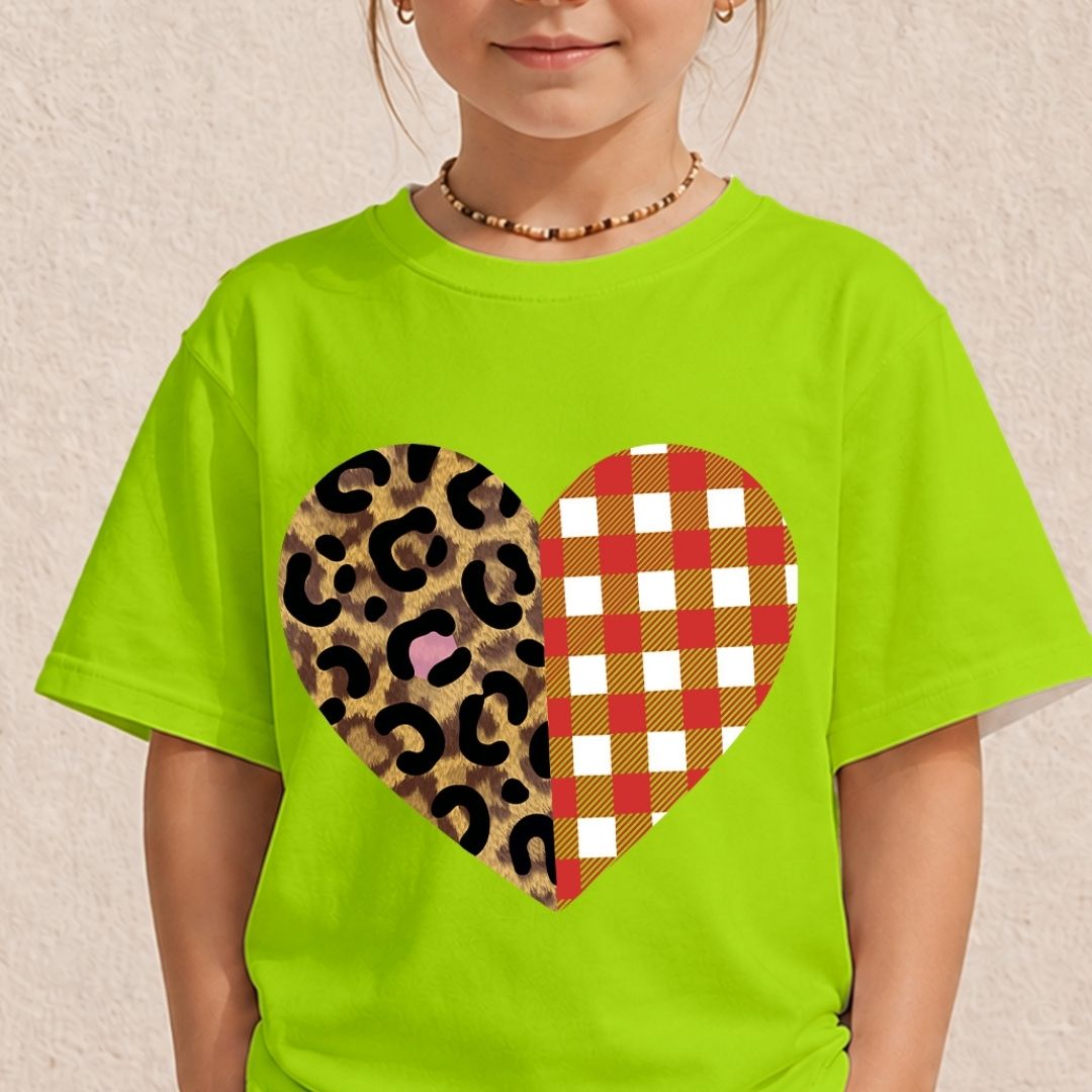 Kid's Neon Green T-Shirt with Leopard Plaid Heart Mockup