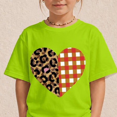Kid's Neon Green T-Shirt with Leopard Plaid Heart Mockup