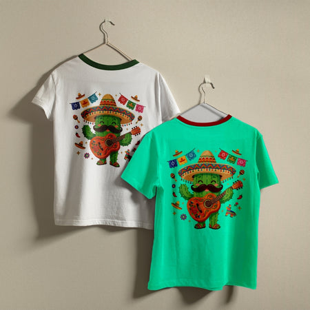 Two children's ringer t-shirts displayed on hangers against a plain beige wall. The left shirt is white with a dark green collar and features a colorful graphic of a green cactus character wearing a sombrero and playing a guitar.