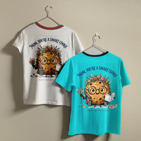 Retro Ringer T-Shirts Mockup, White and Teal Mother's Day Outfits, Mom You're a Smart Cookie Graphic Tees, Matching Family Celebration Tops