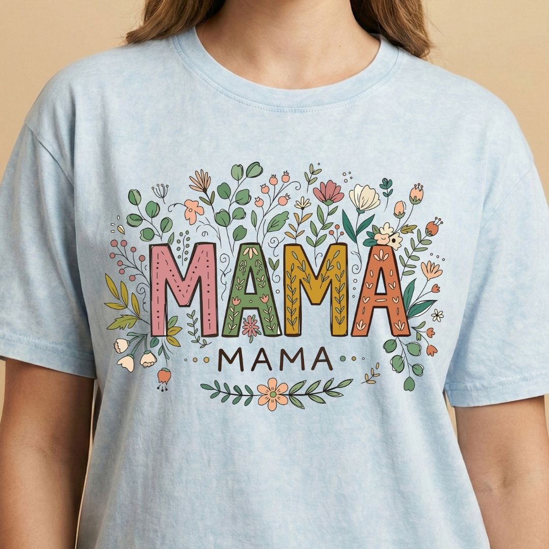 Light blue t-shirt with 'MAMA' text surrounded by floral designs on a beige background