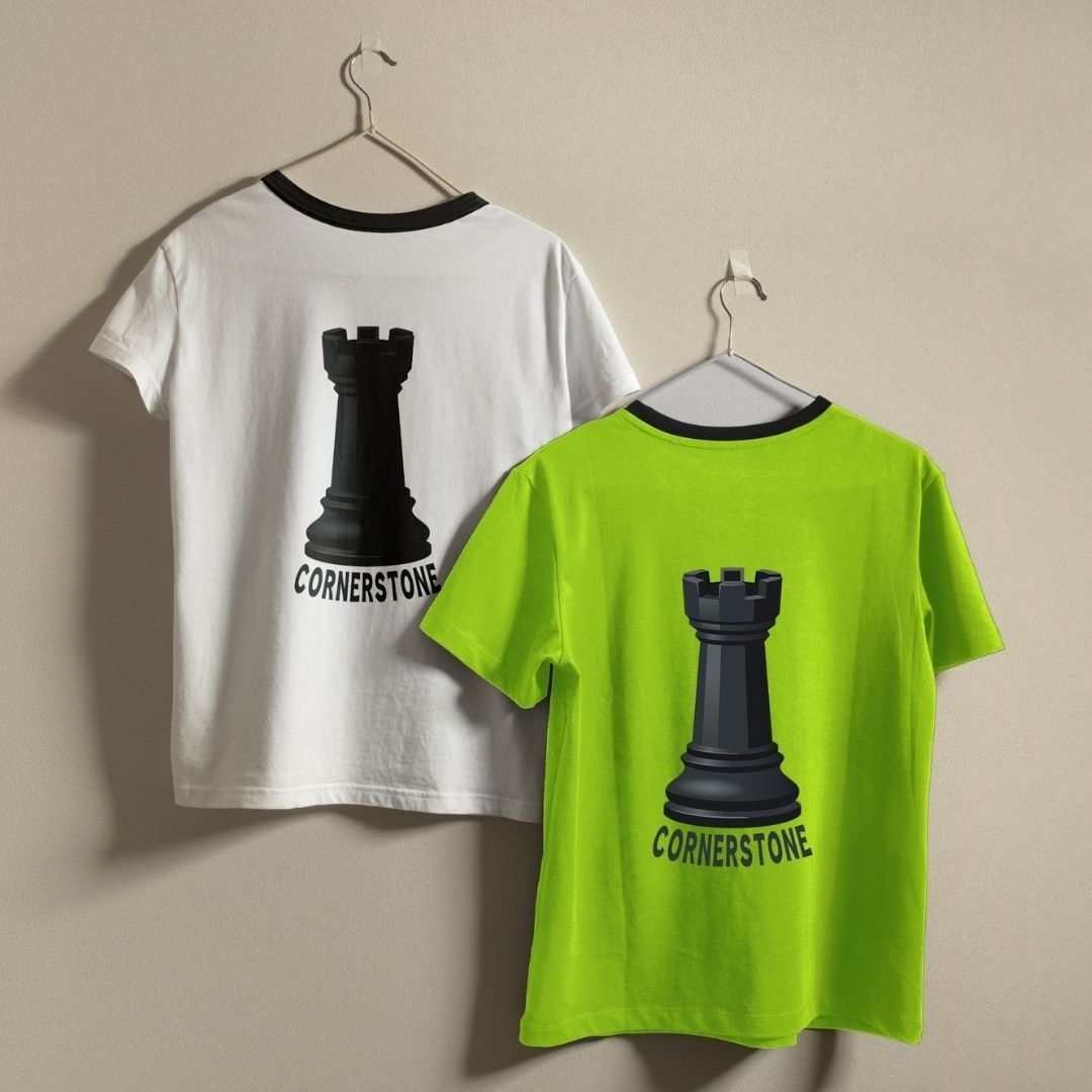 Retro Chess Ringer Tee, White and Neon Green Chess Graphic Shirt, Matching Strategy Board Game Shirts, Cornerstone Rook Design Apparel