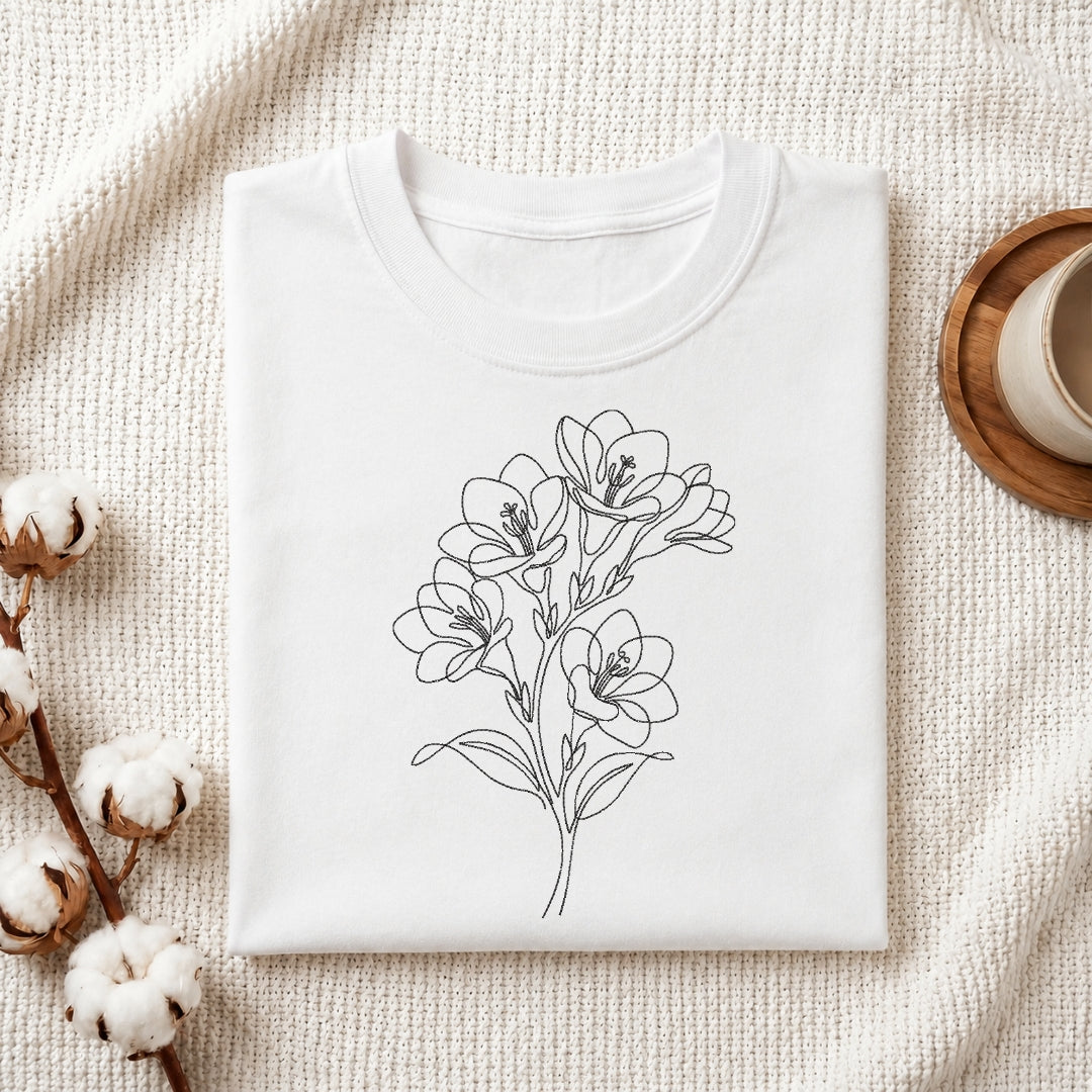 Minimalist Floral Embroidered T-Shirt Flat Lay, Custom Freesia Flower Shirt Design, Machine Embroidery Apparel Mockup, Botanical Line Art Clothing File