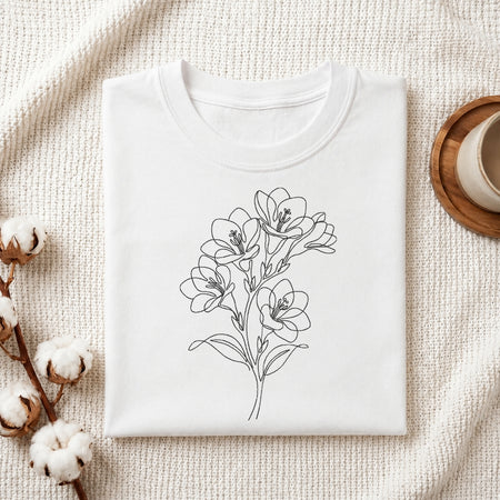 Minimalist Floral Embroidered T-Shirt Flat Lay, Custom Freesia Flower Shirt Design, Machine Embroidery Apparel Mockup, Botanical Line Art Clothing File