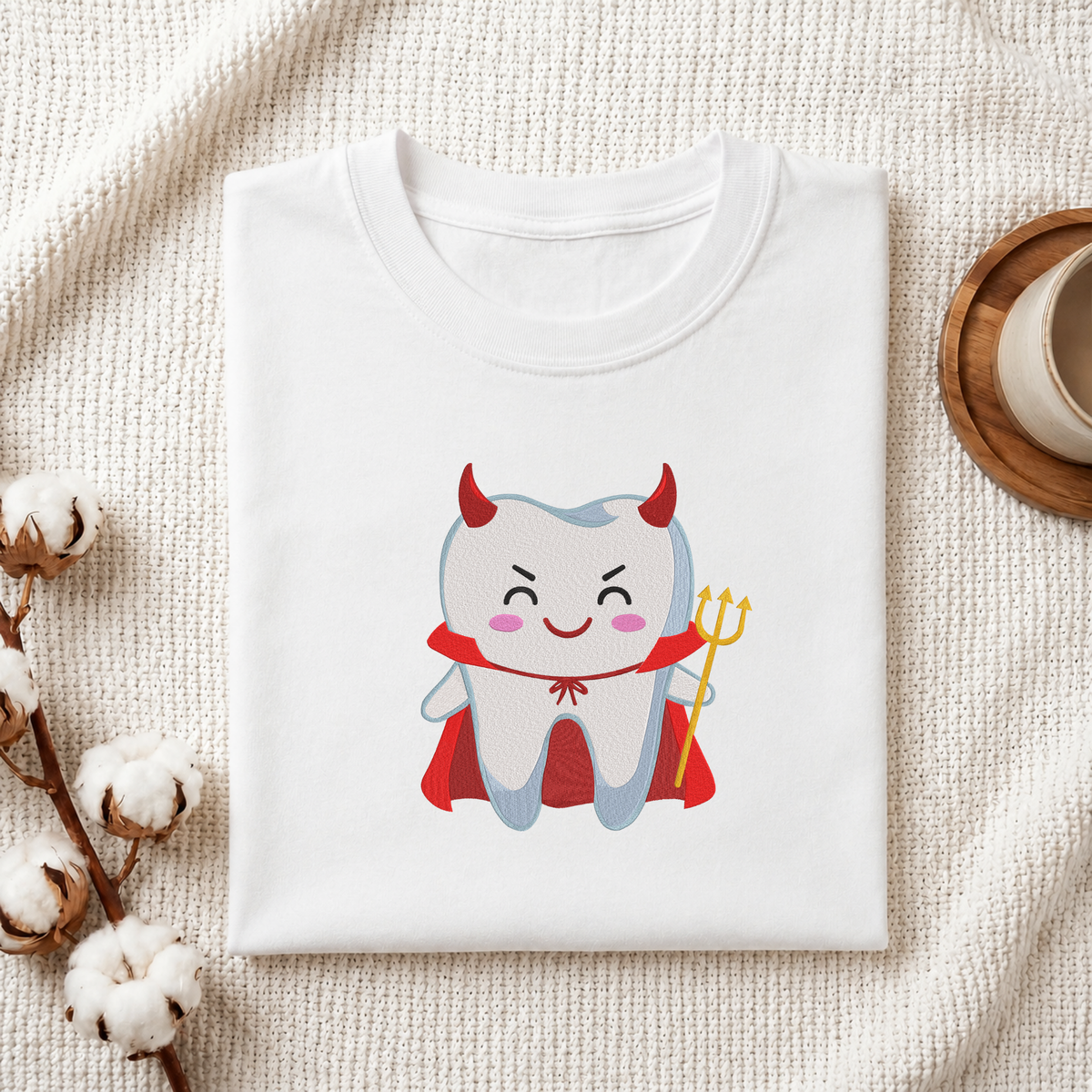 Folded white cotton t-shirt mockup featuring a cute devil tooth machine embroidery design, styled with cotton stems and a wooden cup   