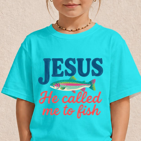 A young child wearing a bright cyan turquoise t-shirt displaying a colorful "Jesus He Called Me to Fish" graphic design on the front.
