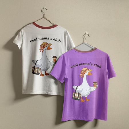 Retro Ringer T-Shirts Mockup, White and Lavender Cool Mama's Club Shirts, Sassy Goose Coffee Graphic Tees, Matching Best Friend Tops