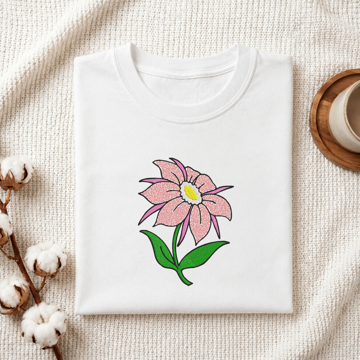 Folded white cotton t-shirt mockup featuring a pink flower machine embroidery design, styled with cotton stems and a wooden cup