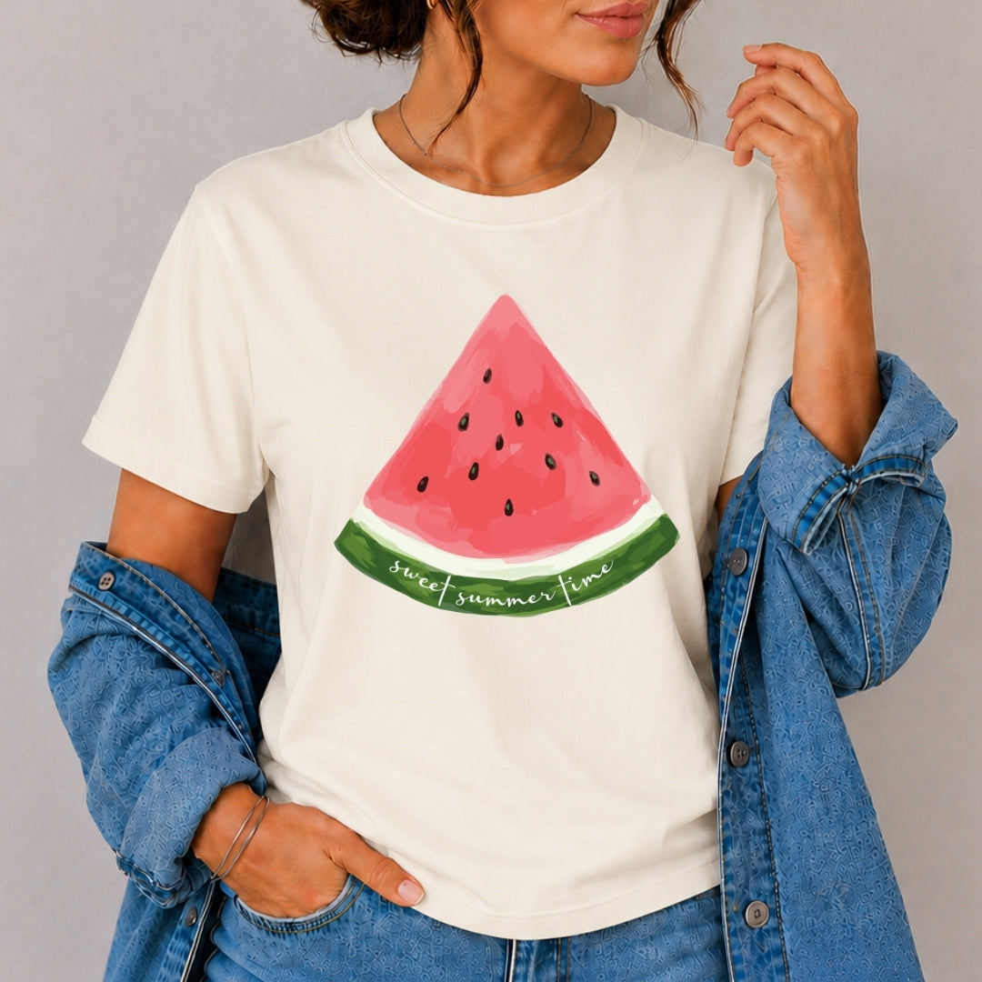 Person wearing a white t-shirt with a watermelon design and 'sweet summer time' text.