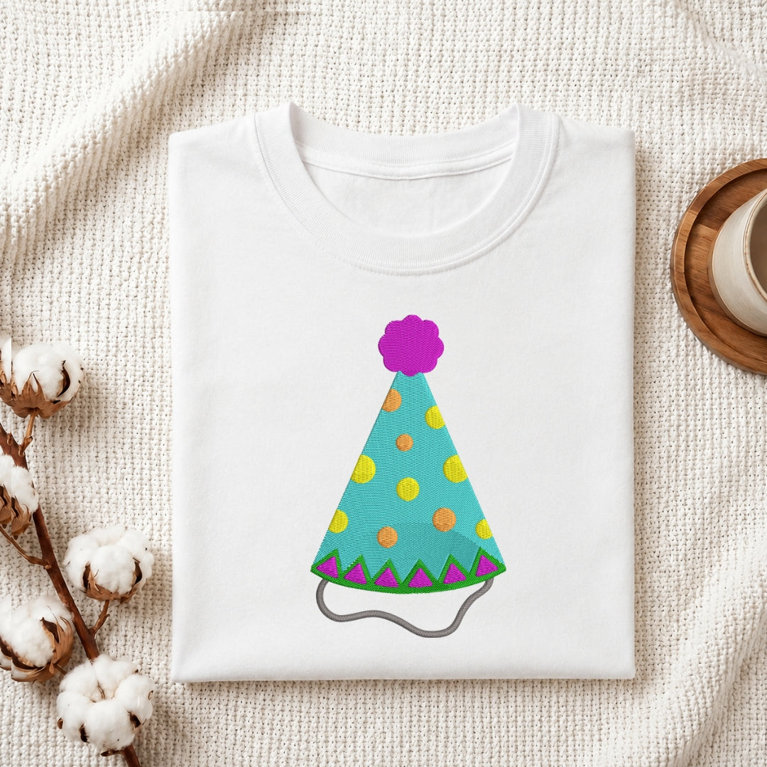 Party Hat Embroidered T-Shirt Flat Lay, Birthday Cone Hat Custom Shirt Design, Machine Embroidery Apparel Mockup, Celebration Clothing File