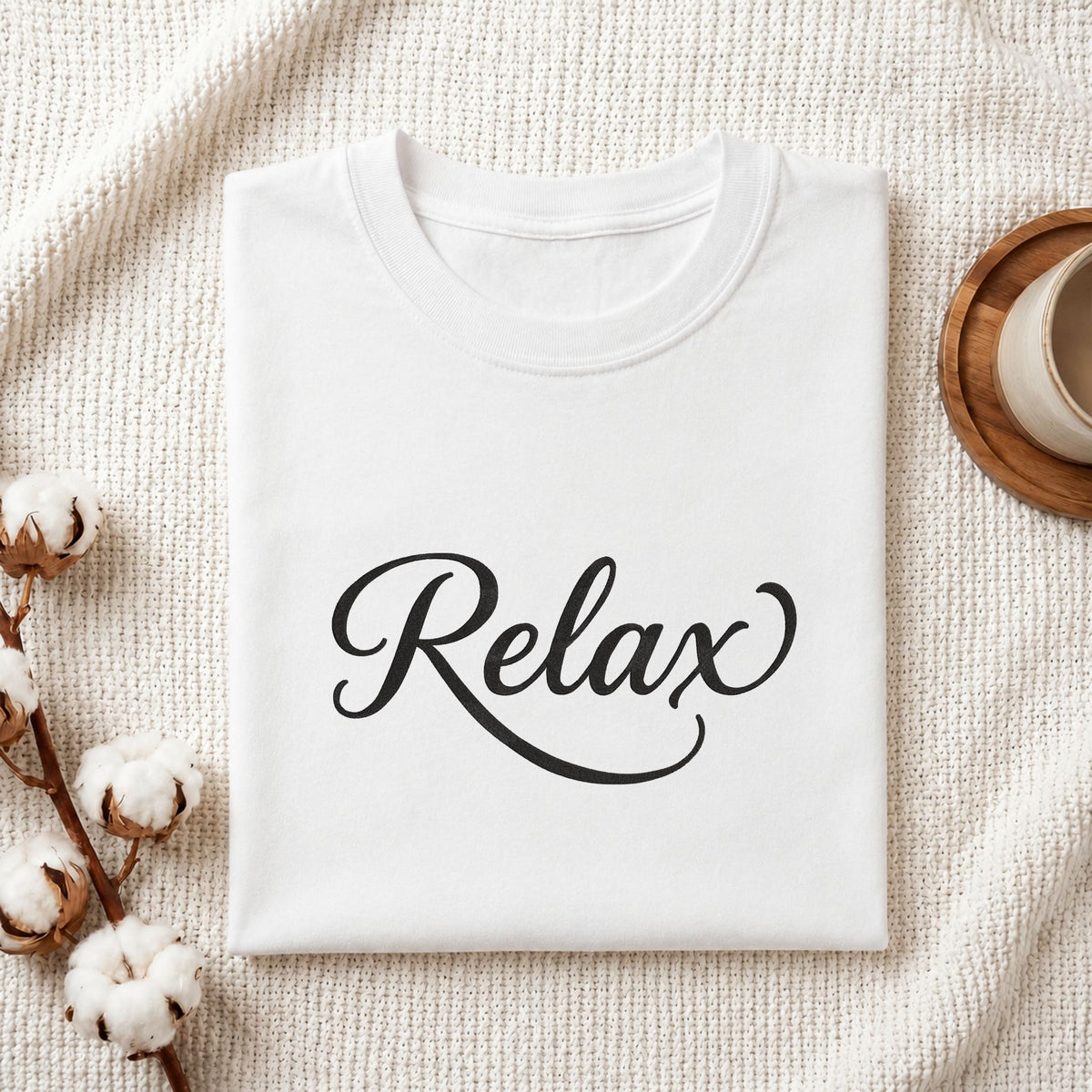 Folded white cotton t-shirt mockup featuring a "Relax" script machine embroidery design, styled with cotton stems and a wooden cup   