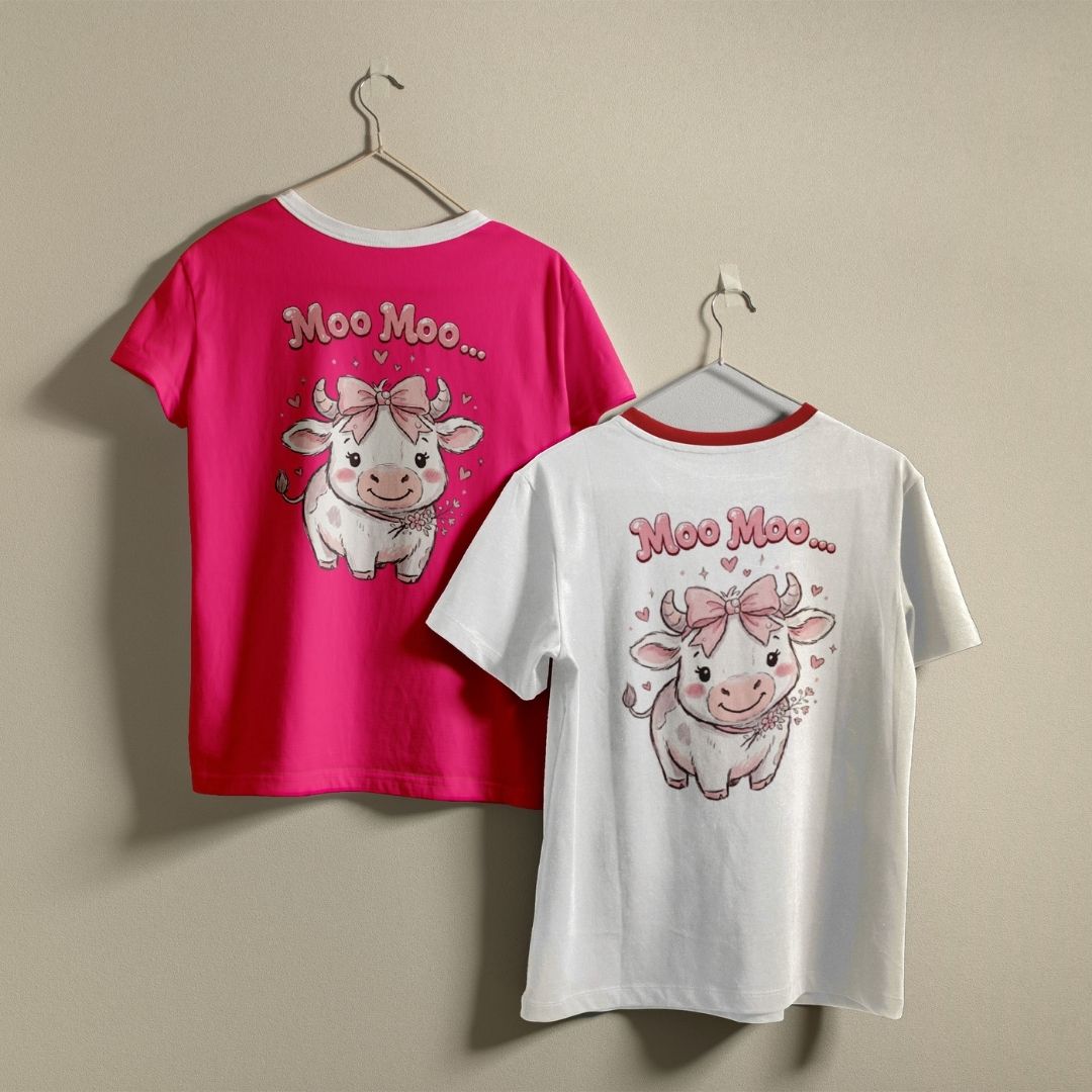 Retro Ringer T-Shirts Mockup, Hot Pink and White Moo Moo Cow Shirts, Cute Pink Bow Calf Graphic Tees, Matching Best Friend Tops