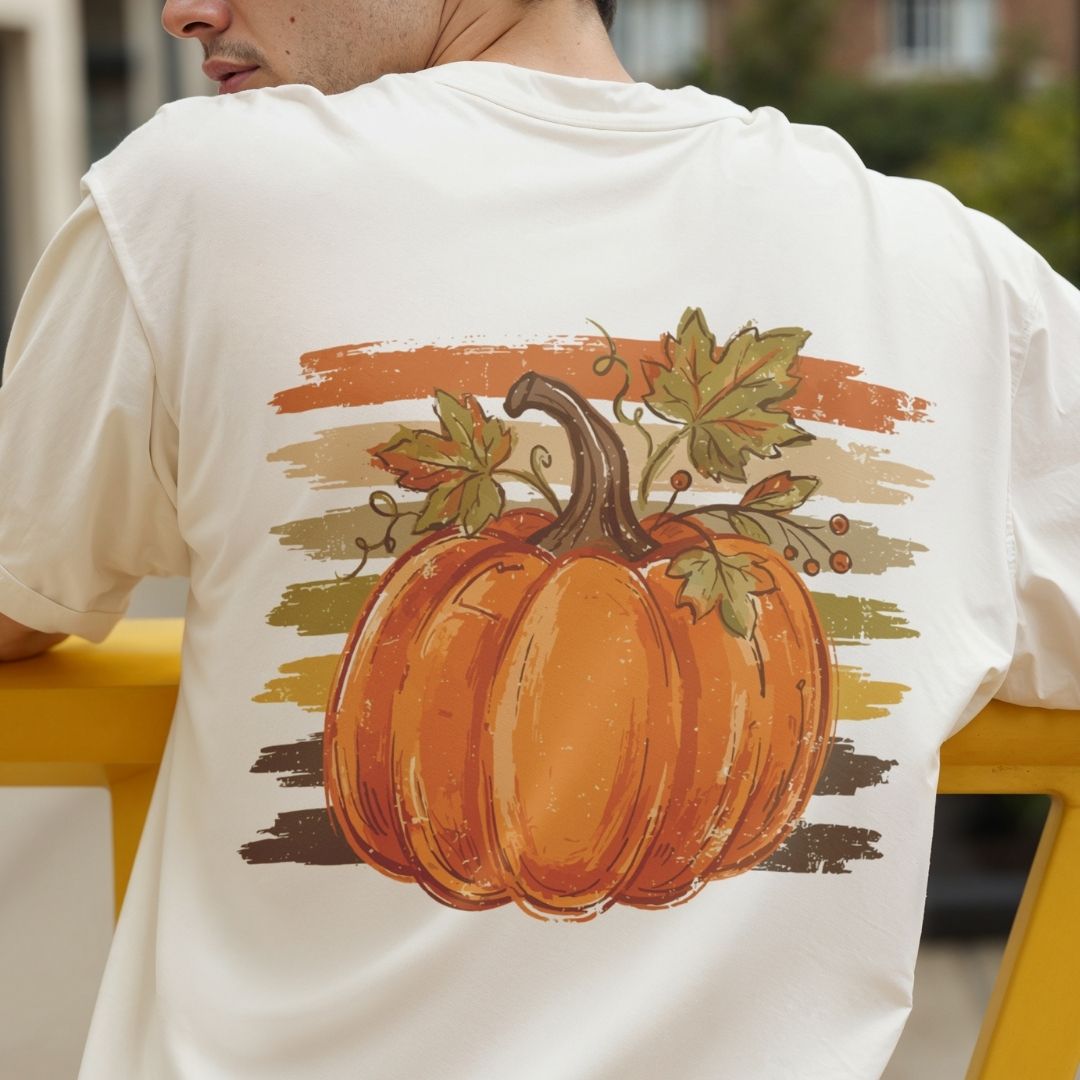 A man wearing a cream-colored t-shirt, viewed from behind, featuring a large graphic print of an orange pumpkin with autumn leaves and a rustic paint-stroke background.