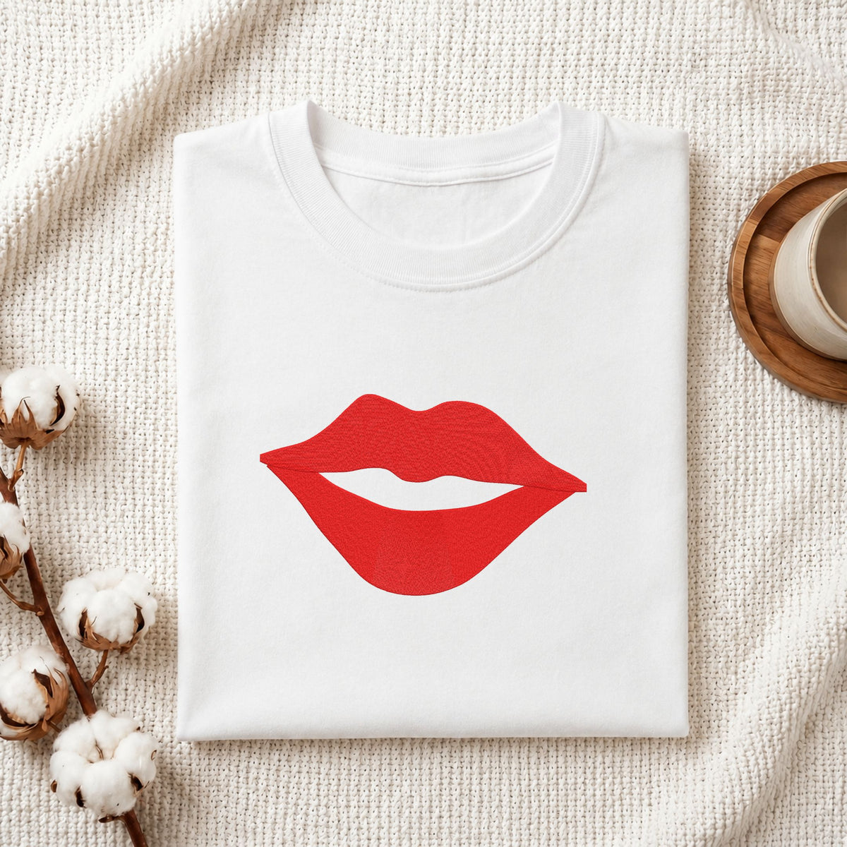  Folded white cotton t-shirt mockup featuring a red lips machine embroidery design, styled with cotton stems and a wooden cup   