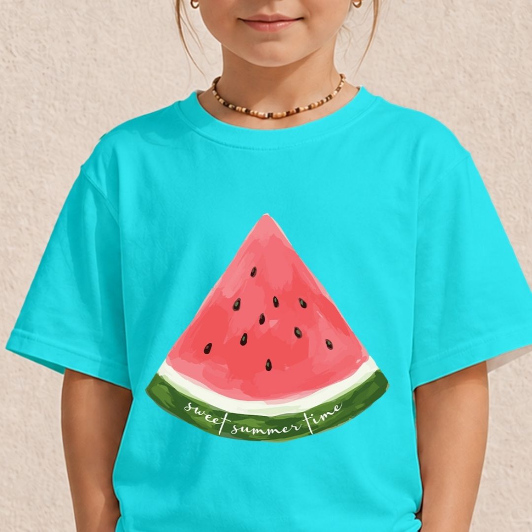 A young child wearing a bright cyan turquoise t-shirt with a cute pink watercolor watermelon graphic on the front, ideal for kids summer fashion.