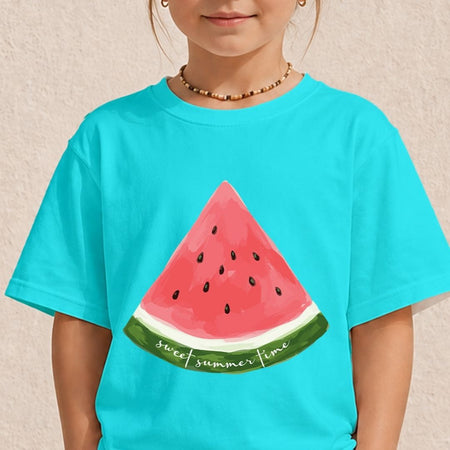 A young child wearing a bright cyan turquoise t-shirt with a cute pink watercolor watermelon graphic on the front, ideal for kids summer fashion.