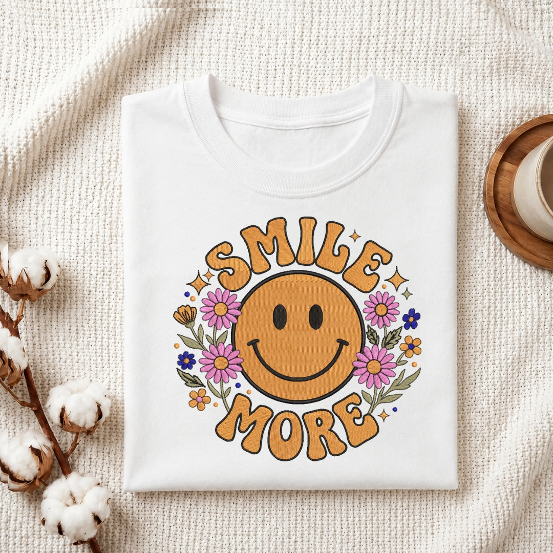 Smile More Retro Embroidered T-Shirt Flat Lay, Groovy Smiley Face Custom Shirt Design, Machine Embroidery Apparel Mockup, Happy Aesthetic Clothing File