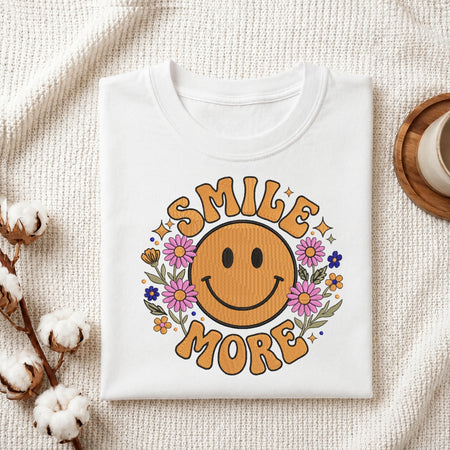 Smile More Retro Embroidered T-Shirt Flat Lay, Groovy Smiley Face Custom Shirt Design, Machine Embroidery Apparel Mockup, Happy Aesthetic Clothing File