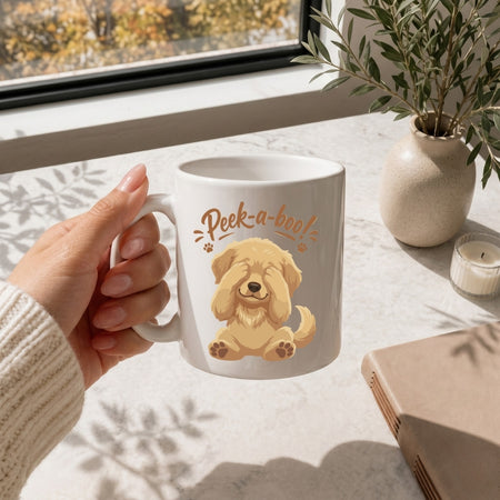 White Ceramic Mug with Peek-a-boo Puppy Mockup