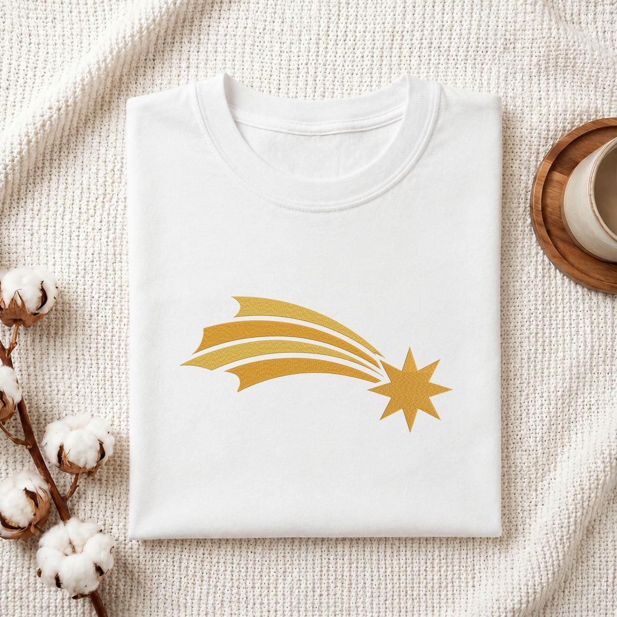 Folded white cotton t-shirt mockup featuring a golden starburst machine embroidery design, styled with cotton stems and a wooden cup