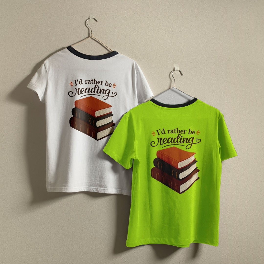 Reading Graphic Ringer Shirts on Hangers in White and Lime Green