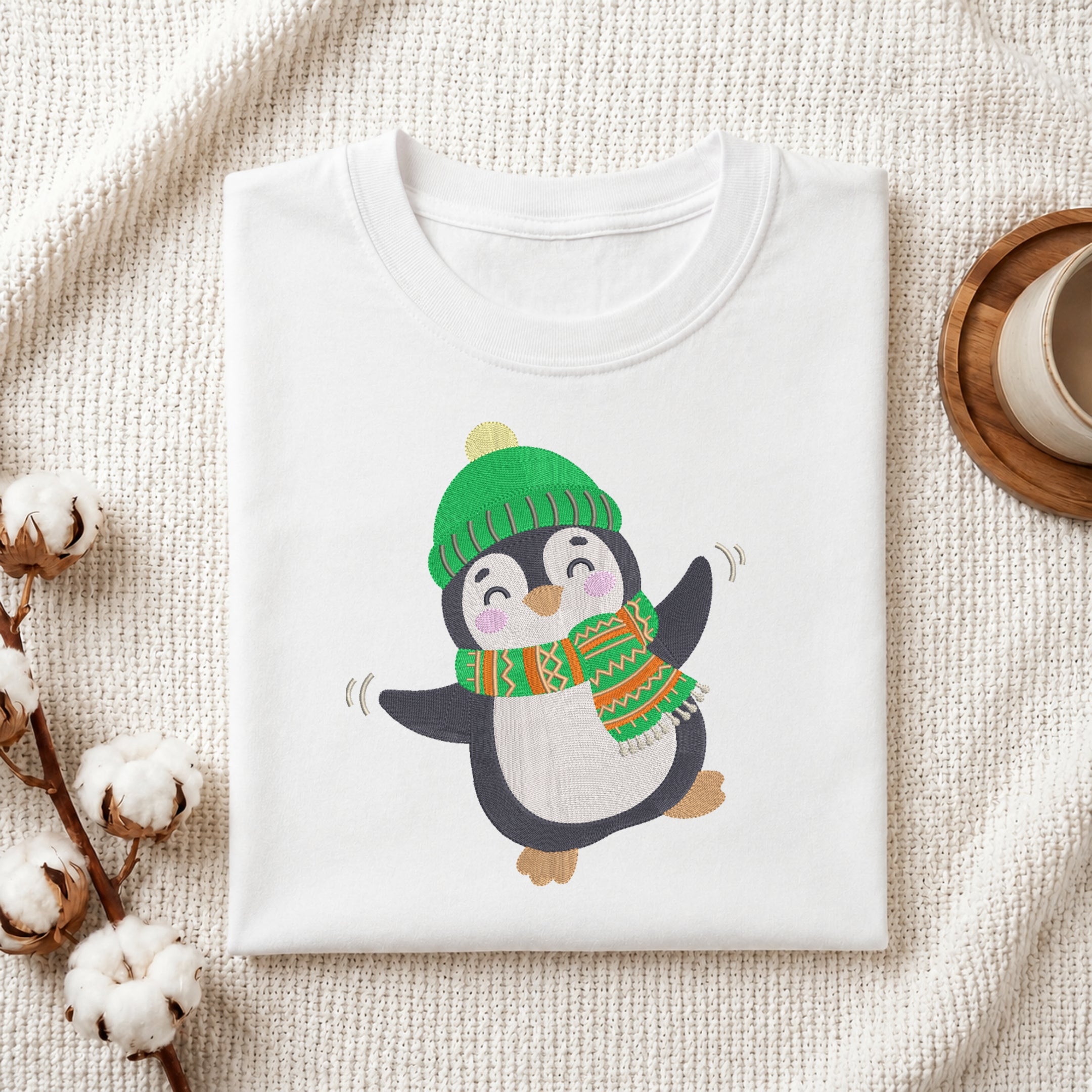 A folded white crewneck t-shirt featuring a cute cartoon penguin wearing a green knit hat and a green, orange, and white patterned scarf. The t-shirt is styled in a cozy flat-lay arrangement on a textured cream knit blanket, with cotton bolls on the left and a wooden cup on a coaster on the right.